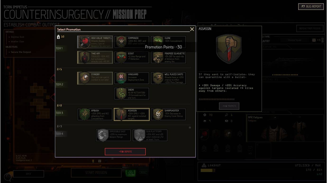 A screen showing a selection of promotion traits and bonuses for characters in Menace.